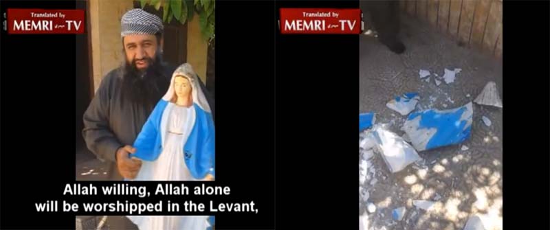 Lord of the Bible believing sheik destroys statue of Our Lady, calls her by the heretical Jewish name “Mary”