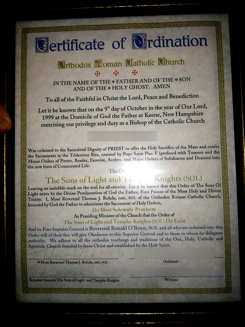 Masonic Sons of Light Priestly Ordination Certificate original