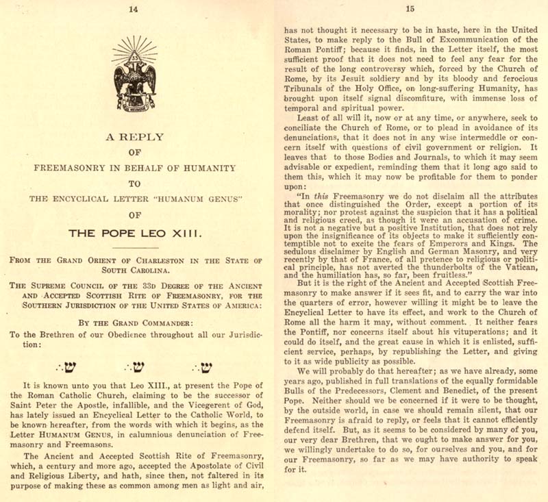 Freemason Albert Pike vs. Freemason Leo XIII: 1884 Humanum Genus pp. 46-47