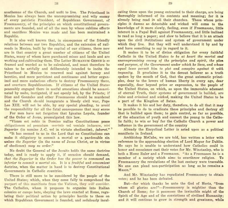 Freemason Albert Pike vs. Freemason Leo XIII: 1884 Humanum Genus pp. 70-71