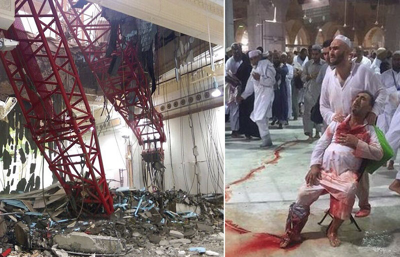 Fear in the eyes of Muslims as the roof crashes in, killing and injuring hundreds