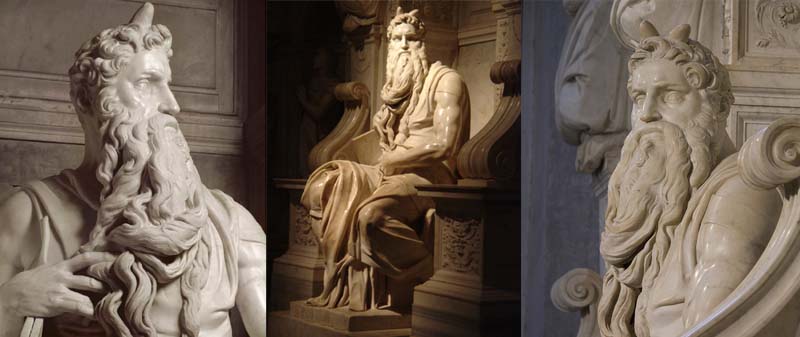 Michelangelo's marble sculpture of Moses, depicted with horns as per Exodus 34:35