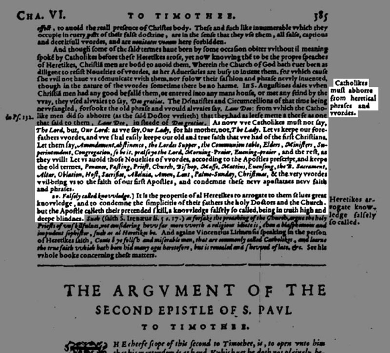 The 1635 Douai Rheims directs Catholics not to use the heretical term 'the Lord'