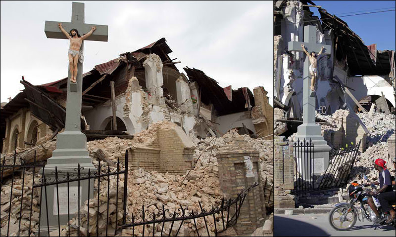 A Vatican II Church is destroyed in the 2008 Haiti earthquake. A Crucifix miraculously survives but the heretical INRI tag is knocked to the ground.