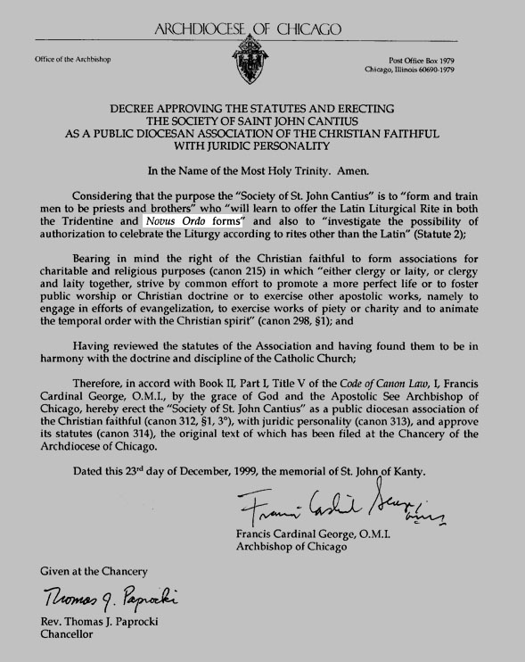 St John Cantius Novus Ordo Forms order from the Archdiocese of Chicago