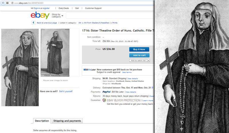 Screenshot of an Ebay listing for a 1716 religious cutout featuring a Catholic Nun with a 50 beaded Rosary without the heretical Lord beads.